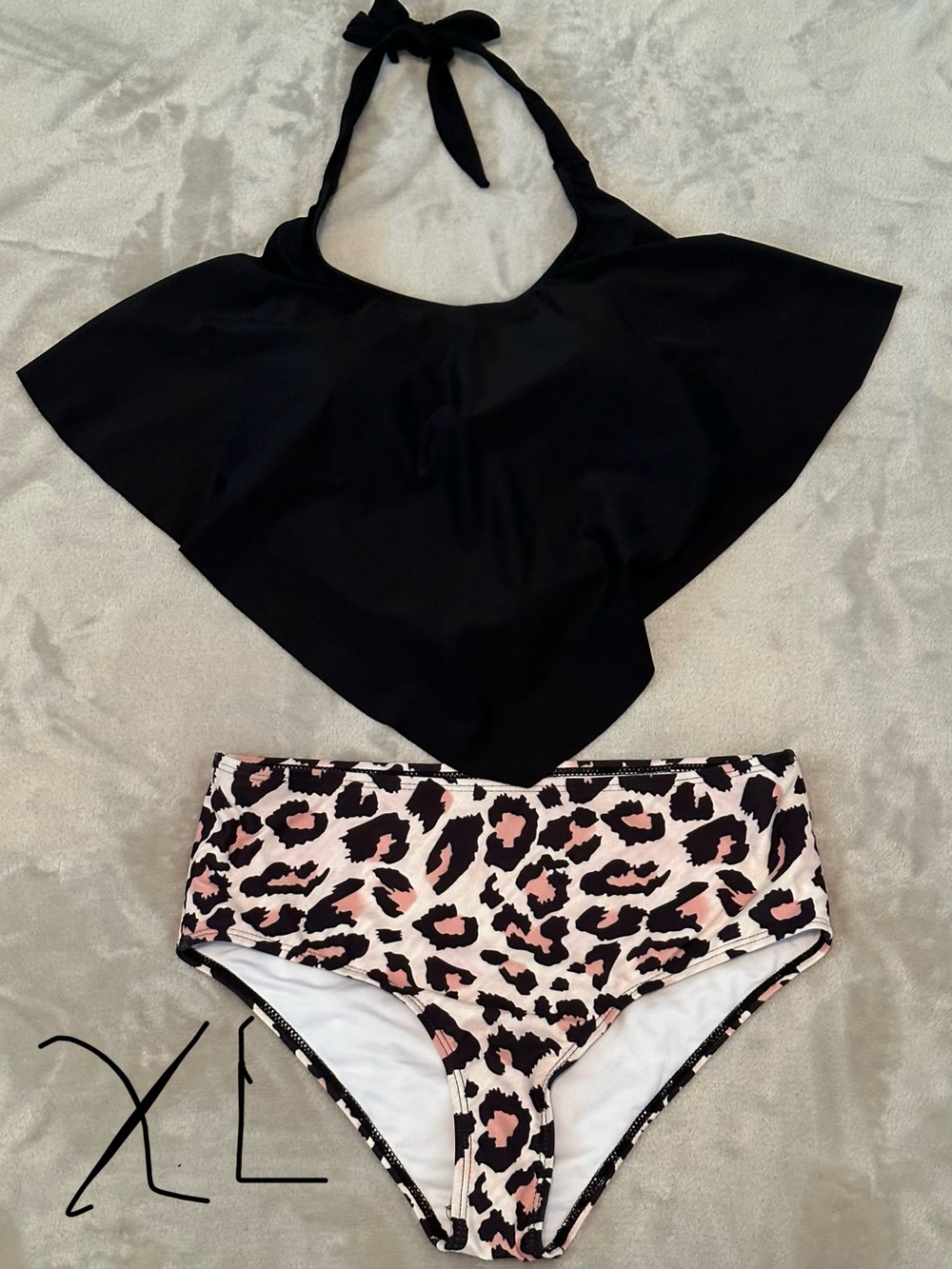 Black Halter Swim Top with Pink Leopard High-Waist Bikini Bottoms